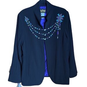 Bob Mackie Wearable Art Black Jacket Blazer pearls rhinestones Purple Design XL